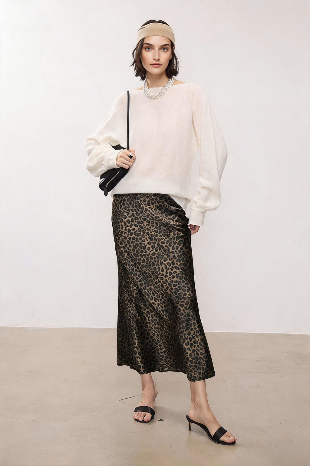 High Waist Leopard Silk Midi Skirt