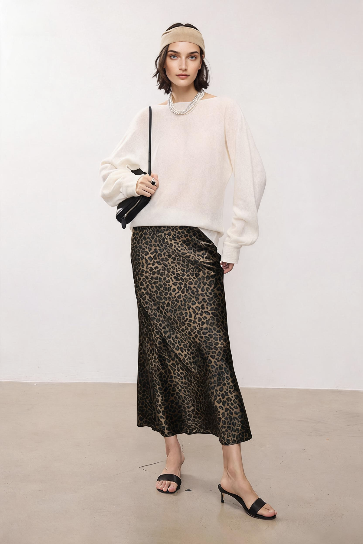 High Waist Leopard Silk Midi Skirt