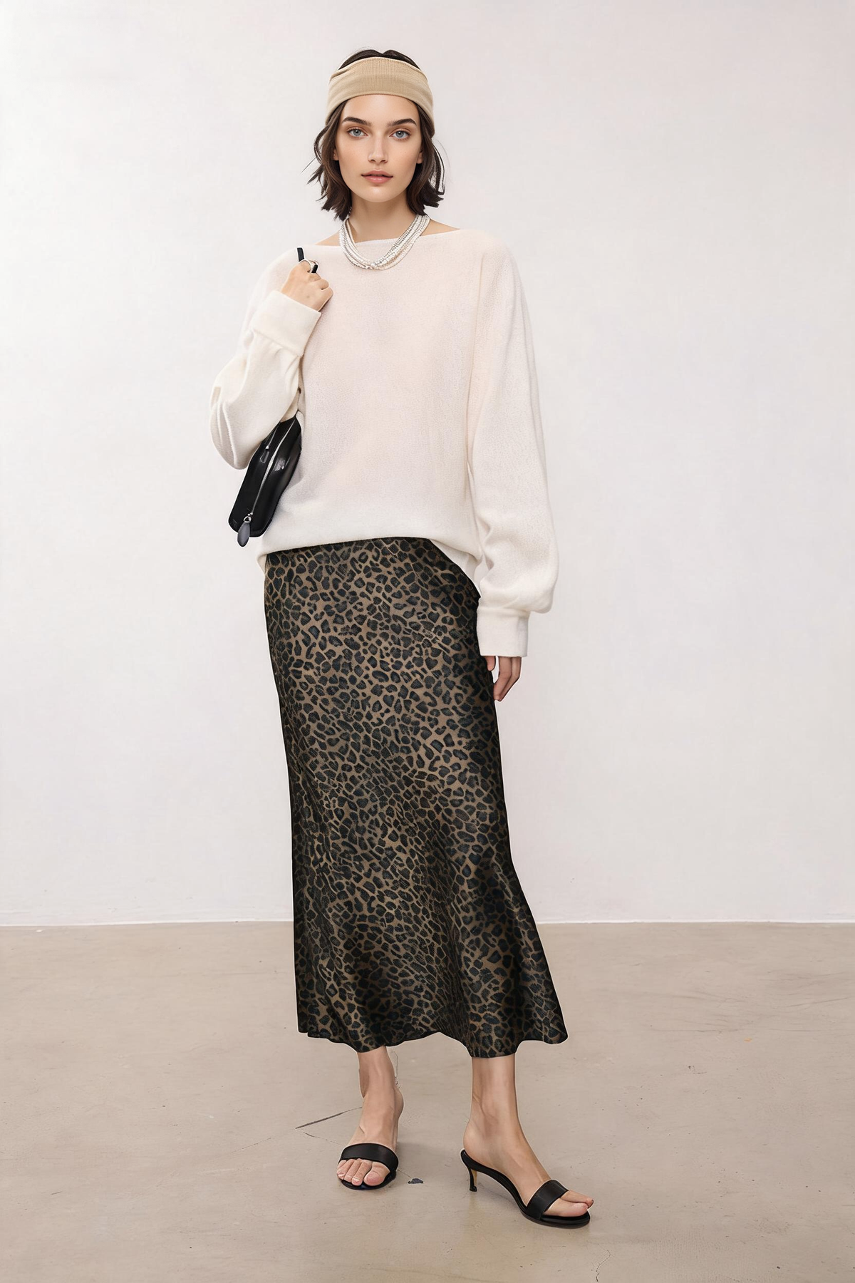 High Waist Leopard Silk Midi Skirt