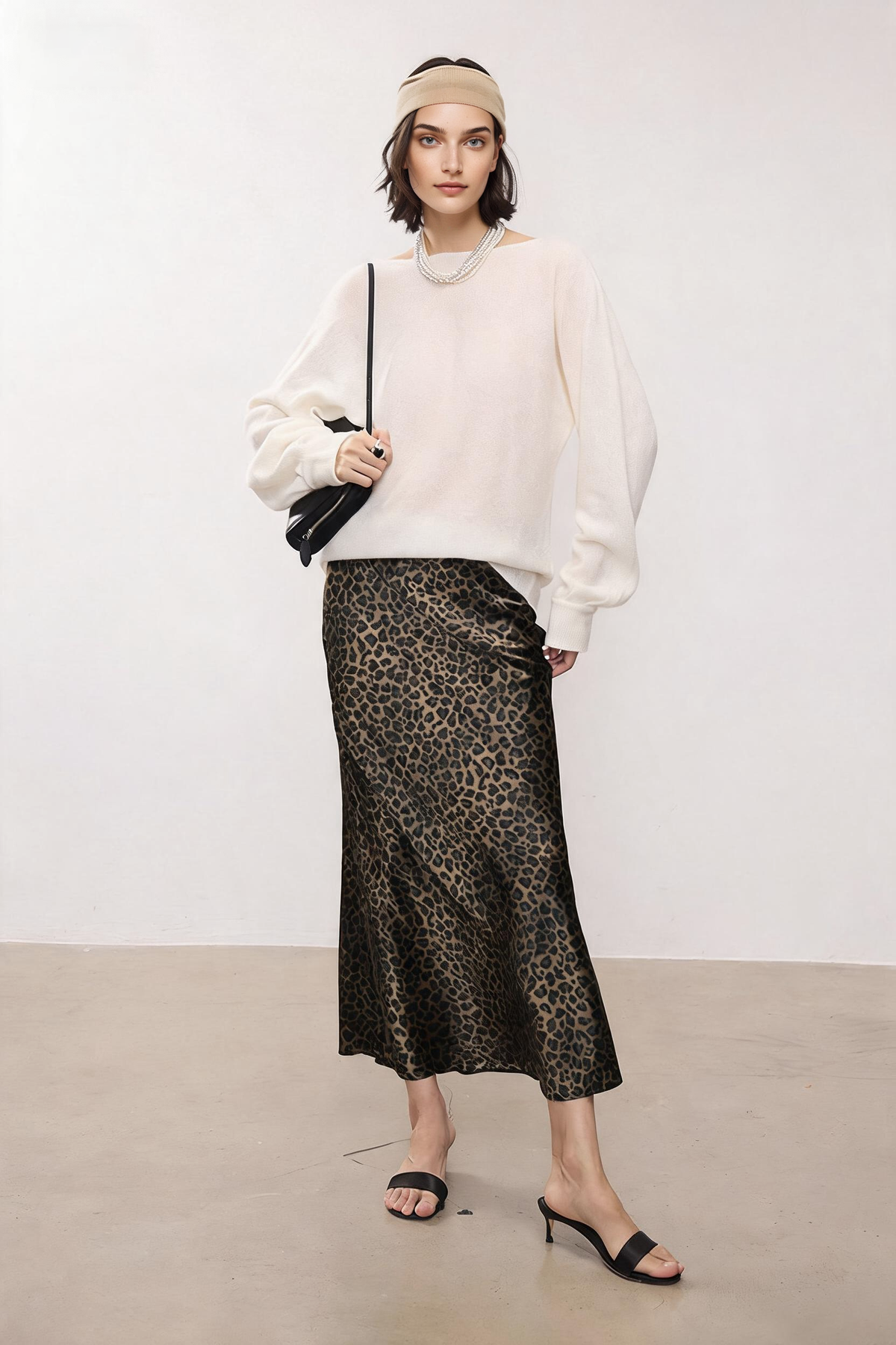 High Waist Leopard Silk Midi Skirt