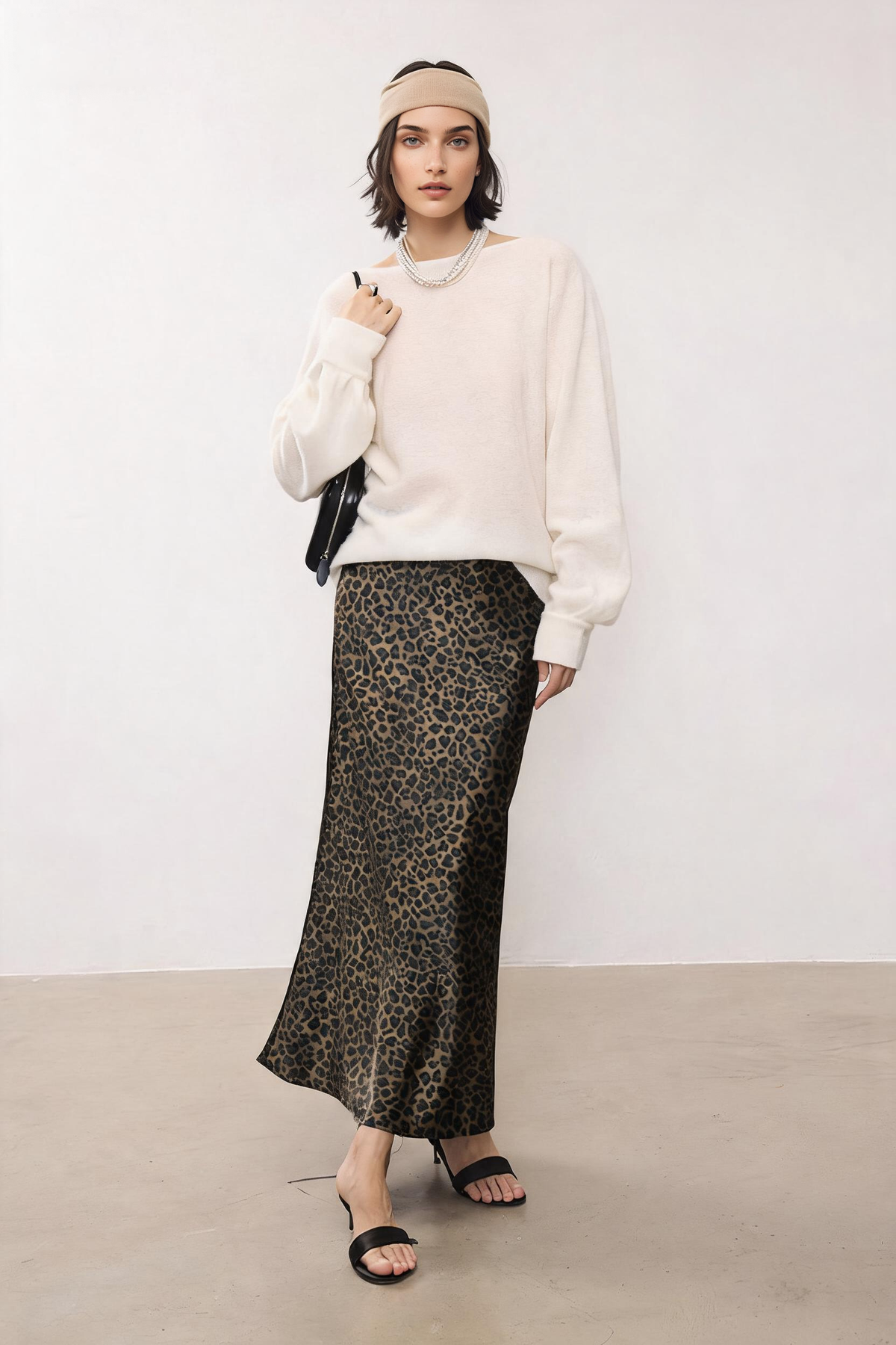 High Waist Leopard Silk Midi Skirt
