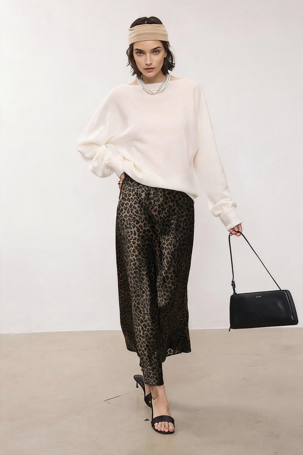 High Waist Leopard Silk Midi Skirt