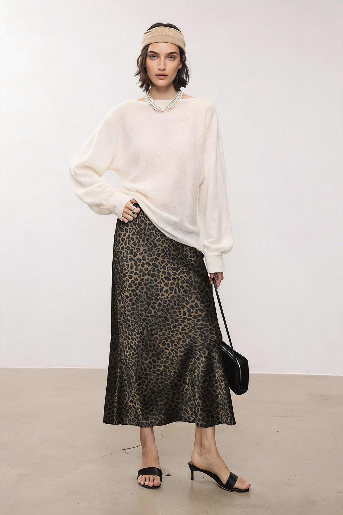 High Waist Leopard Silk Midi Skirt