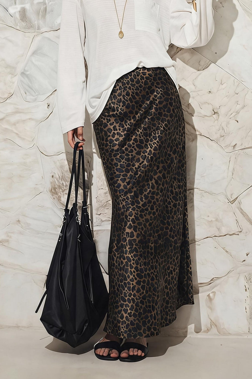 High Waist Leopard Silk Midi Skirt
