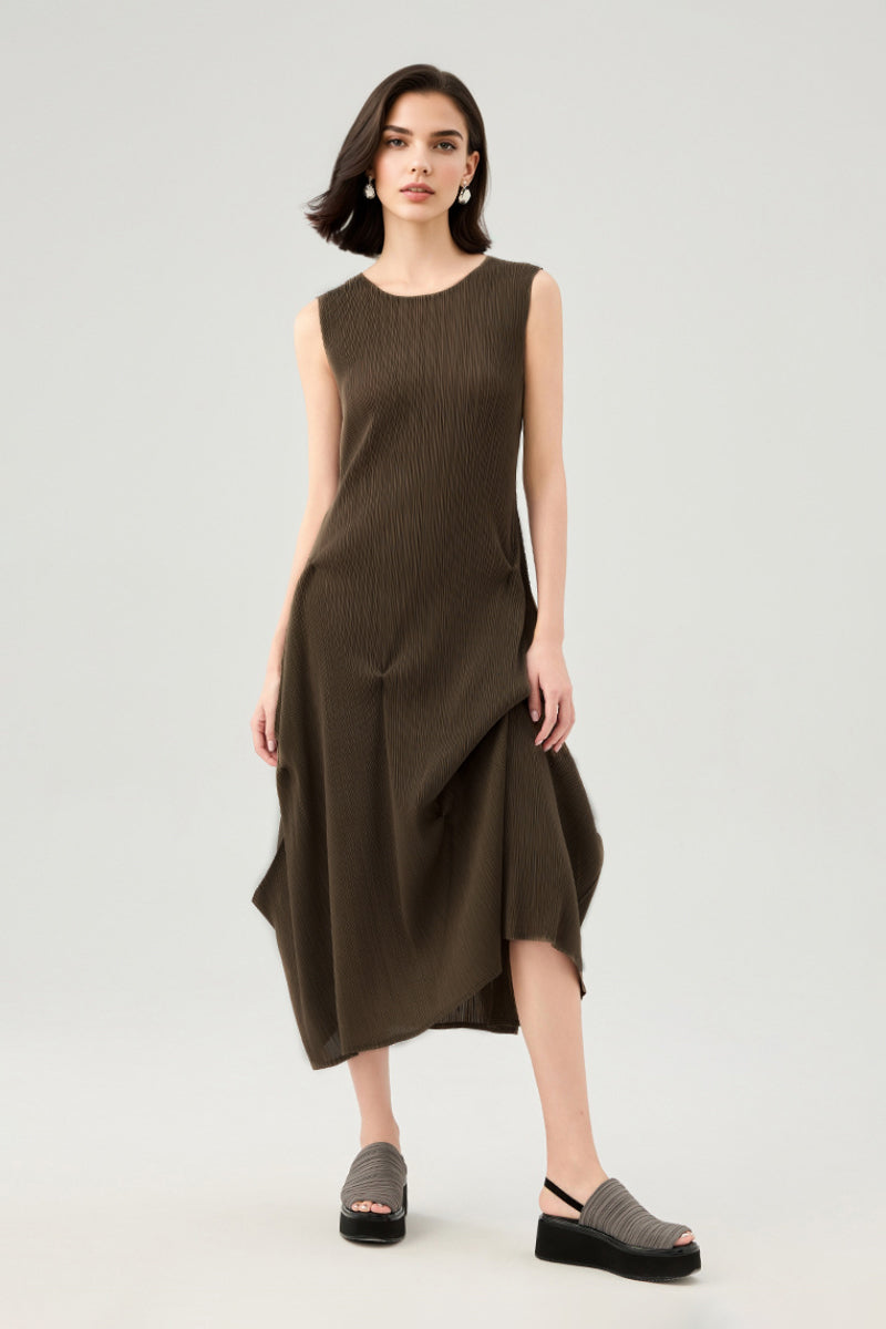 Designer Inspired Pleated Asymmetrical Midi Dress