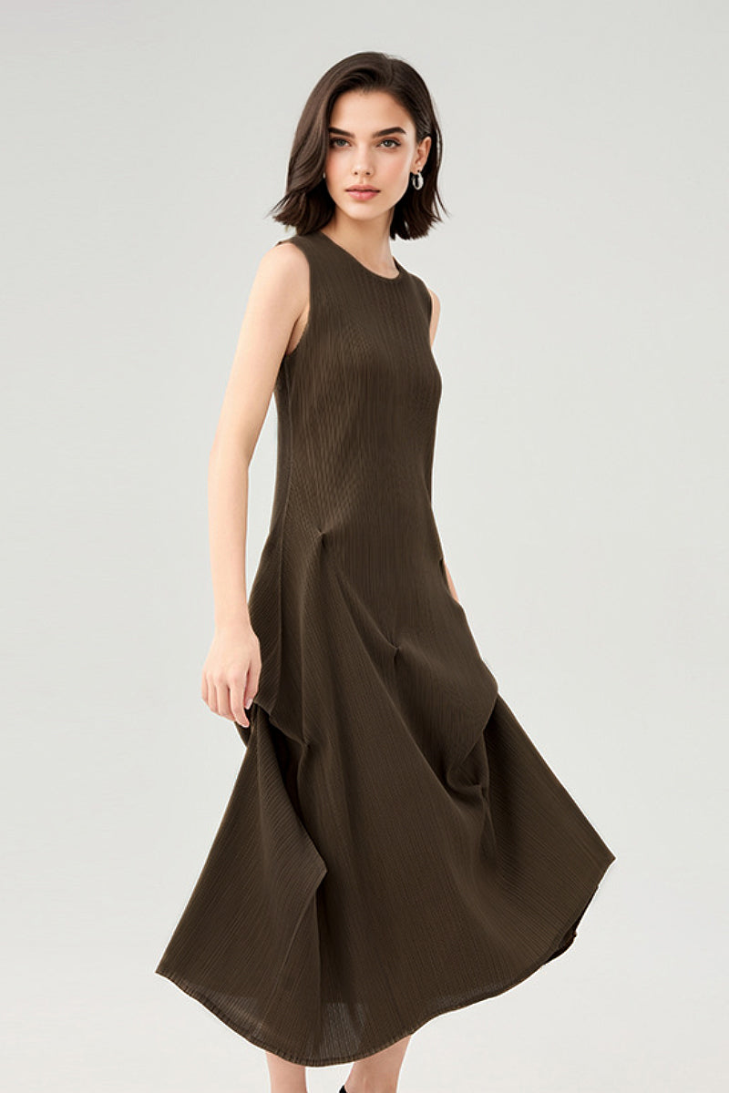 Designer Inspired Pleated Asymmetrical Midi Dress