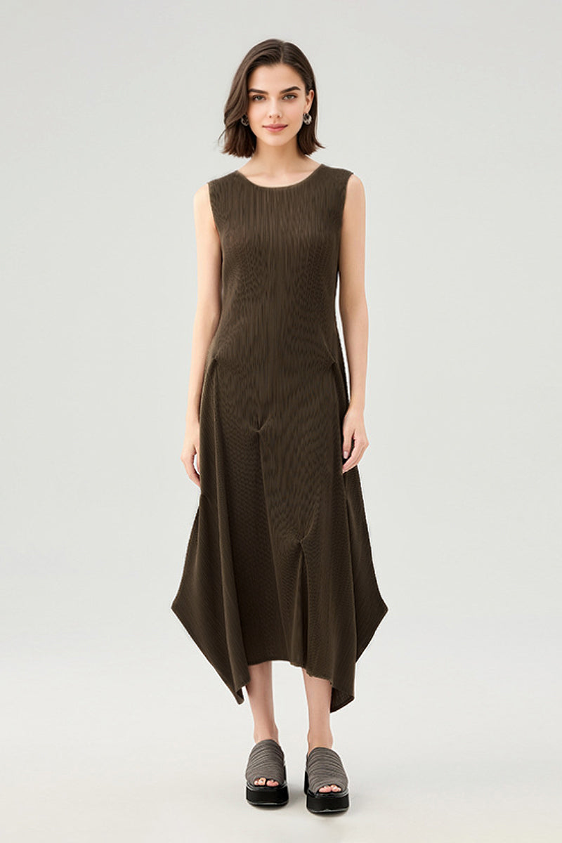 Designer Inspired Pleated Asymmetrical Midi Dress