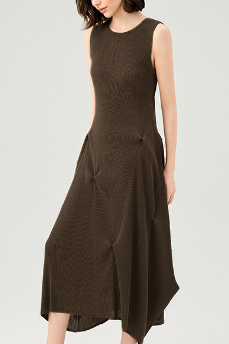 Designer Inspired Pleated Asymmetrical Midi Dress