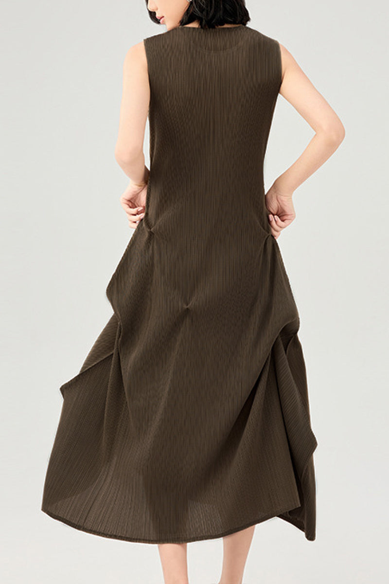 Designer Inspired Pleated Asymmetrical Midi Dress