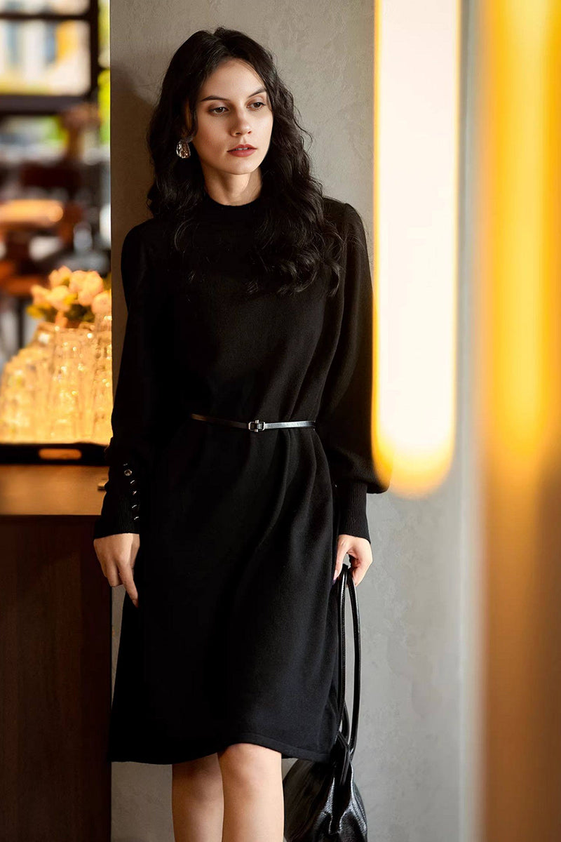 Italian-Spun Cashmere-Wool Belted Long Sleeve Midi Sweater Dress