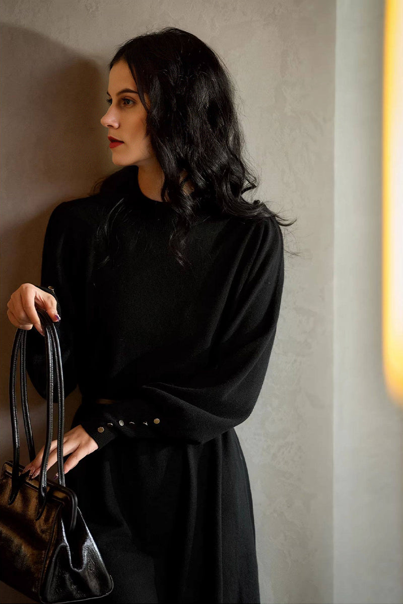 Italian-Spun Cashmere-Wool Belted Long Sleeve Midi Sweater Dress