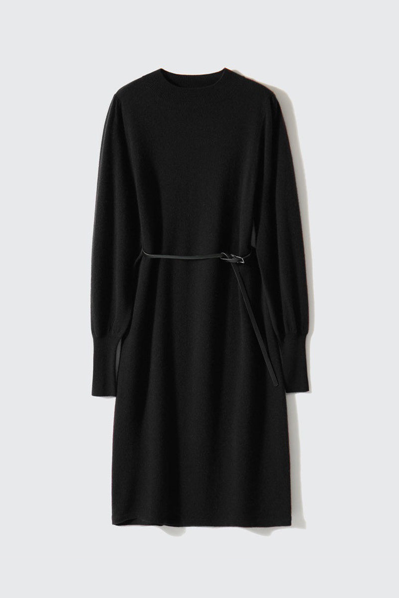Italian-Spun Cashmere-Wool Belted Long Sleeve Midi Sweater Dress