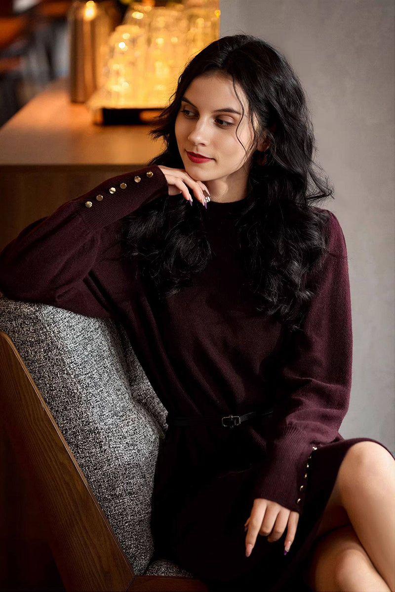 Italian-Spun Cashmere-Wool Belted Long Sleeve Midi Sweater Dress