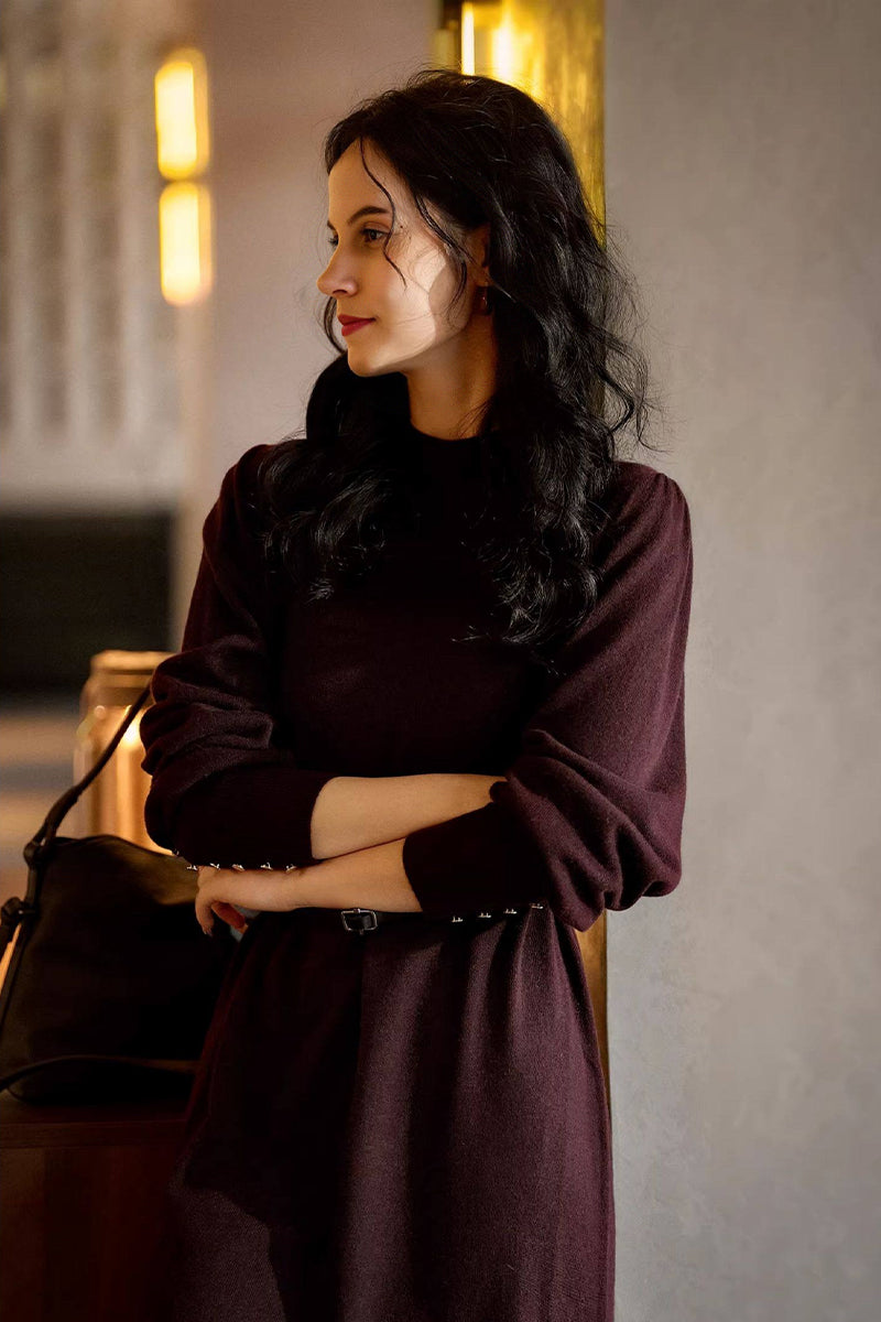 Italian-Spun Cashmere-Wool Belted Long Sleeve Midi Sweater Dress