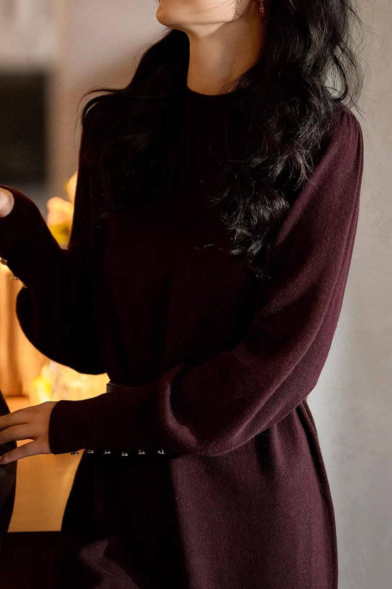 Italian-Spun Cashmere-Wool Belted Long Sleeve Midi Sweater Dress