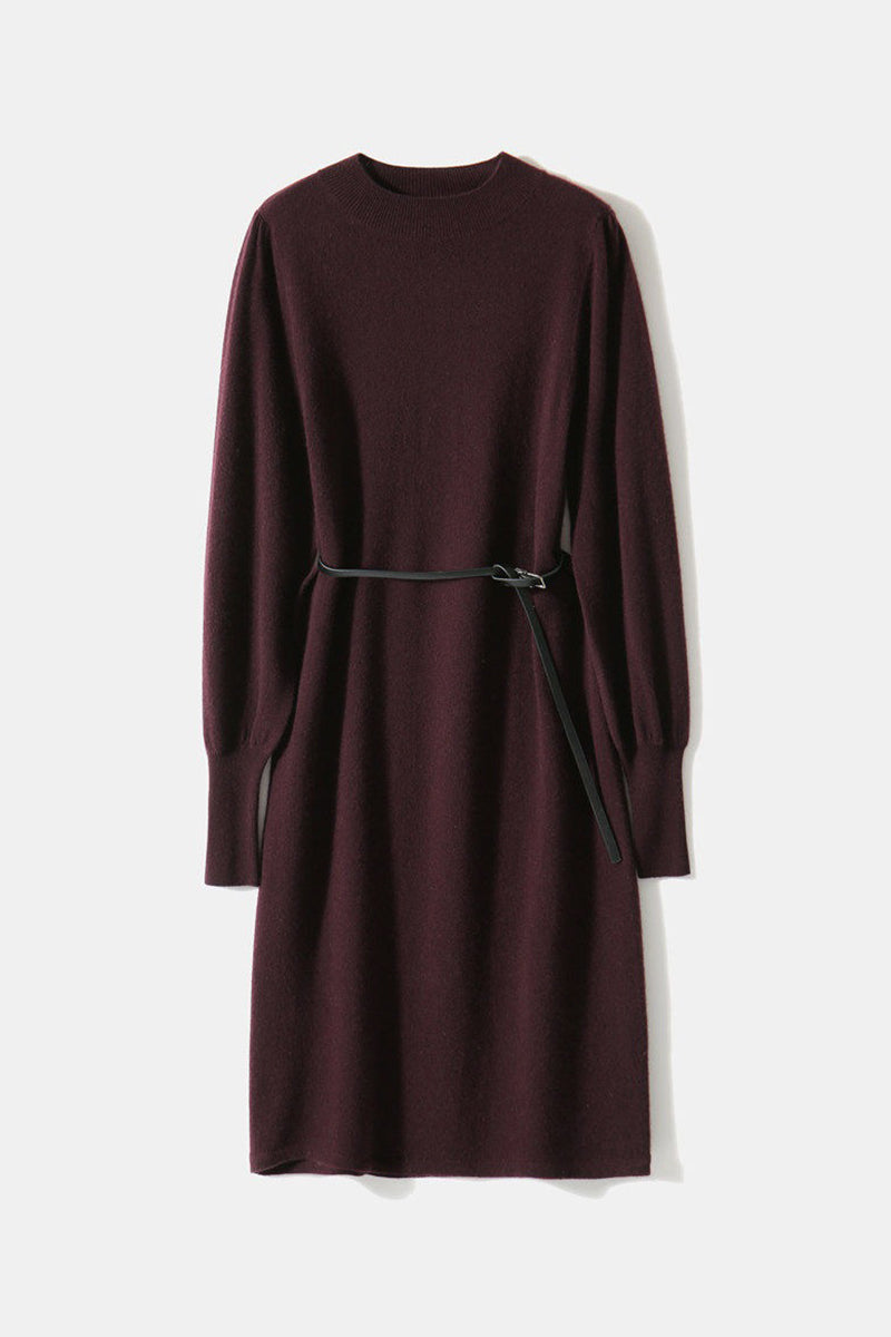 Italian-Spun Cashmere-Wool Belted Long Sleeve Midi Sweater Dress