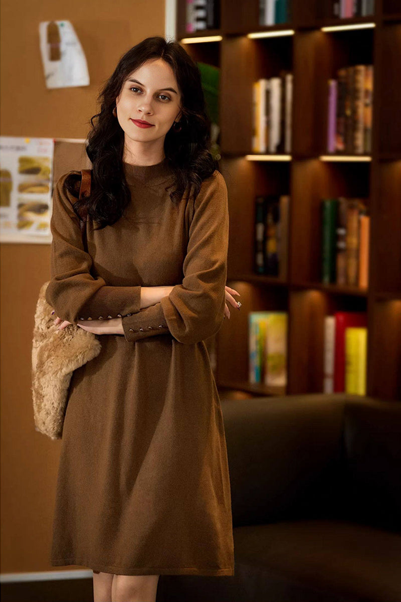 Italian-Spun Cashmere-Wool Belted Long Sleeve Midi Sweater Dress