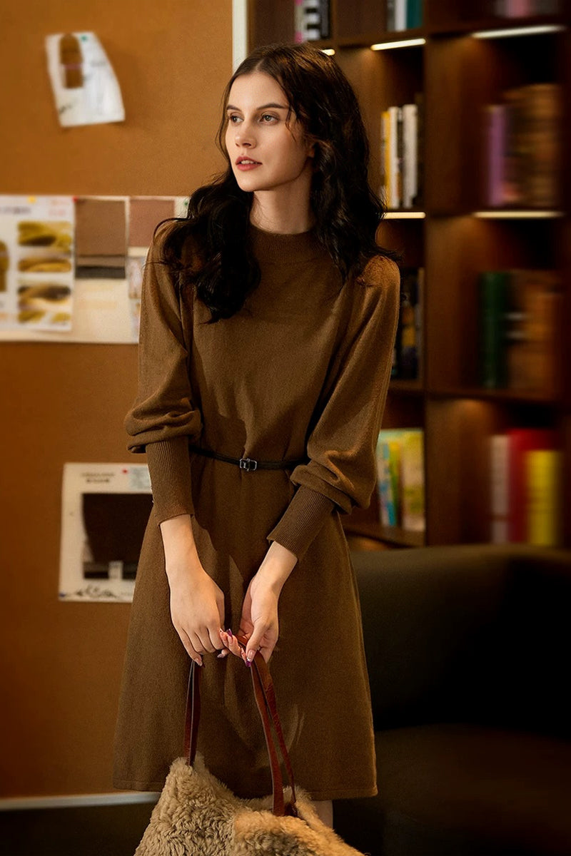Italian-Spun Cashmere-Wool Belted Long Sleeve Midi Sweater Dress