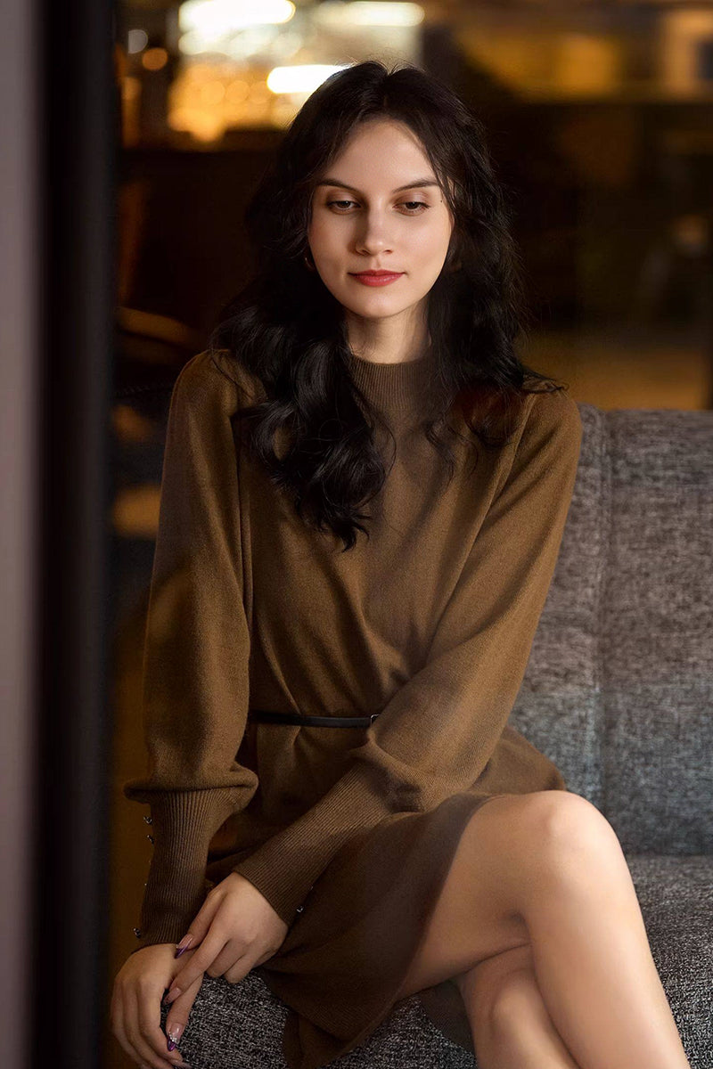 Italian-Spun Cashmere-Wool Belted Long Sleeve Midi Sweater Dress