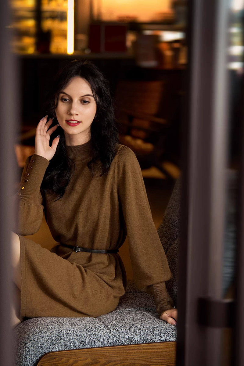 Italian-Spun Cashmere-Wool Belted Long Sleeve Midi Sweater Dress