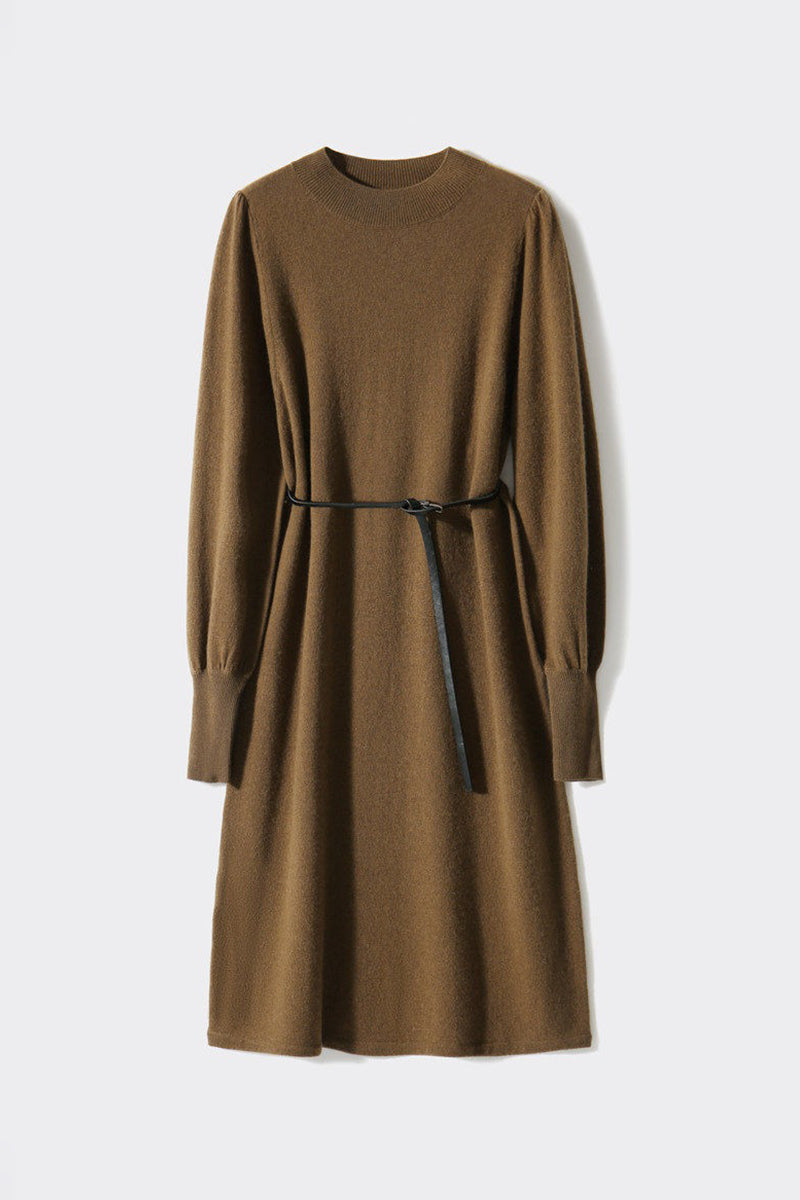 Italian-Spun Cashmere-Wool Belted Long Sleeve Midi Sweater Dress