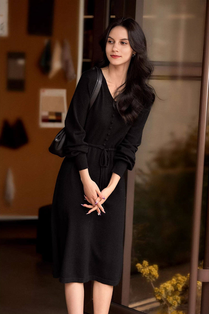 Italian-Spun Cashmere-Wool V-Neck Long Sleeve Midi Sweater Dress