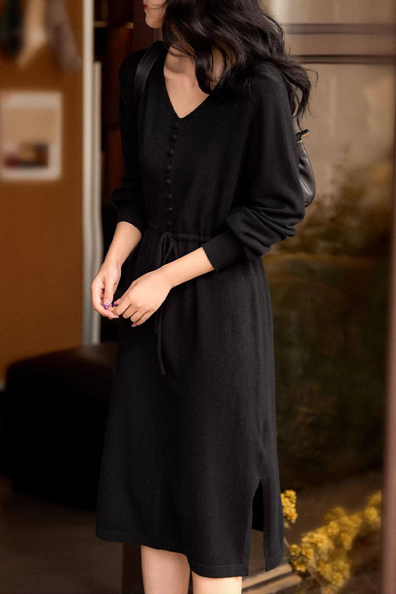 Italian-Spun Cashmere-Wool V-Neck Long Sleeve Midi Sweater Dress