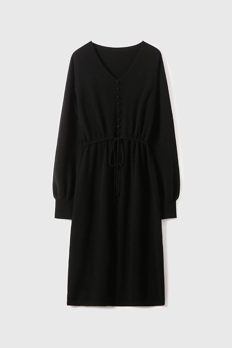 Italian-Spun Cashmere-Wool V-Neck Long Sleeve Midi Sweater Dress