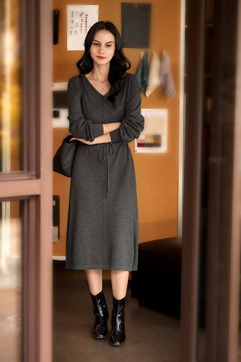 Italian-Spun Cashmere-Wool V-Neck Long Sleeve Midi Sweater Dress