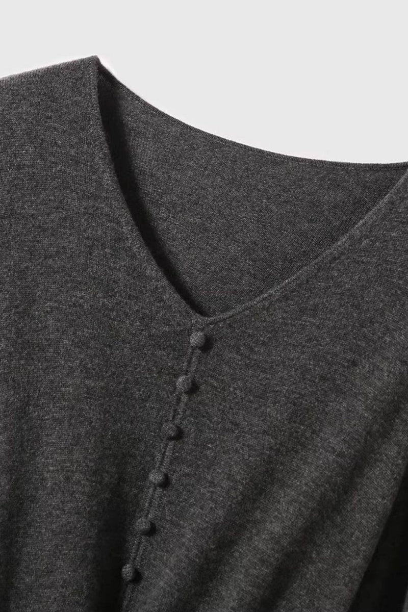 Italian-Spun Cashmere-Wool V-Neck Long Sleeve Midi Sweater Dress