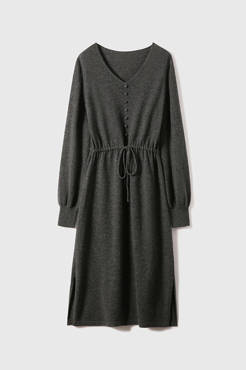 Italian-Spun Cashmere-Wool V-Neck Long Sleeve Midi Sweater Dress
