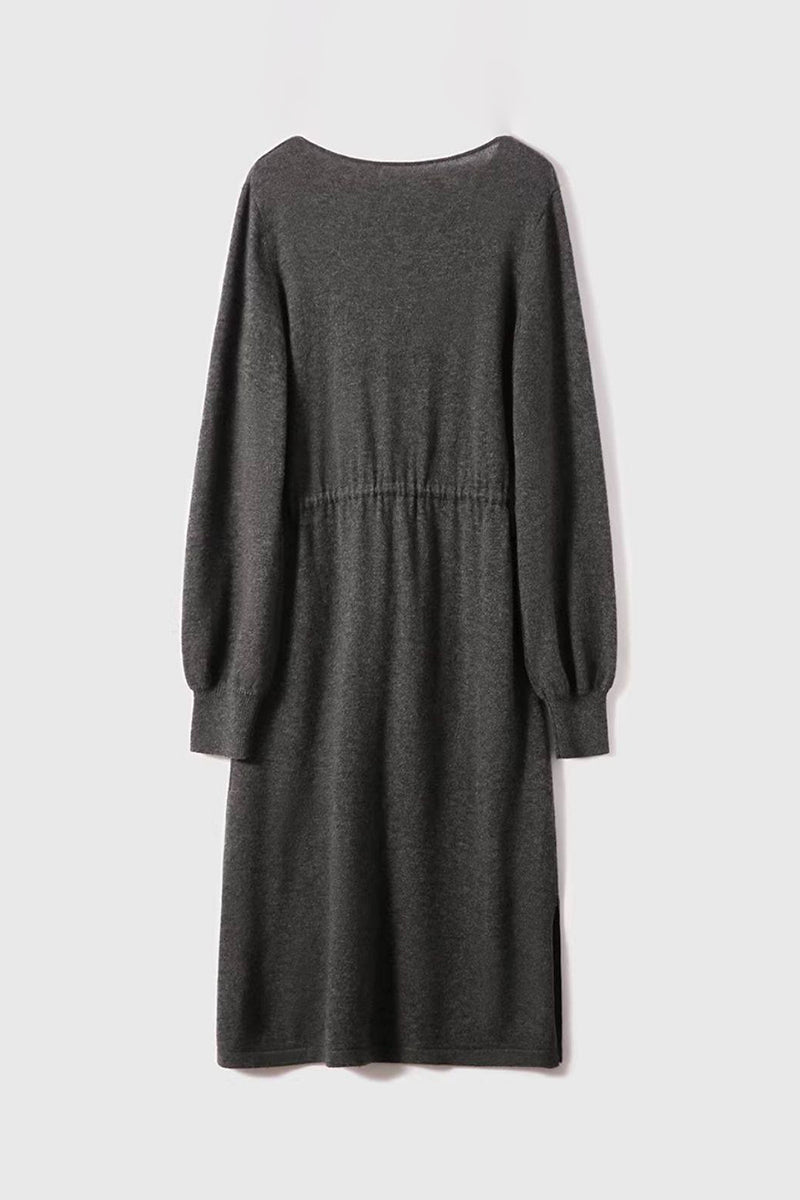 Italian-Spun Cashmere-Wool V-Neck Long Sleeve Midi Sweater Dress