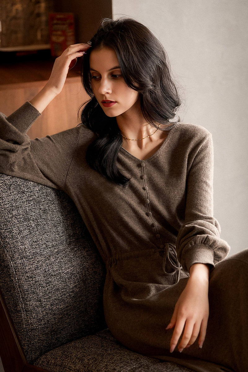 Italian-Spun Cashmere-Wool V-Neck Long Sleeve Midi Sweater Dress