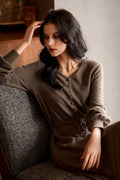 Italian-Spun Cashmere-Wool V-Neck Long Sleeve Midi Sweater Dress