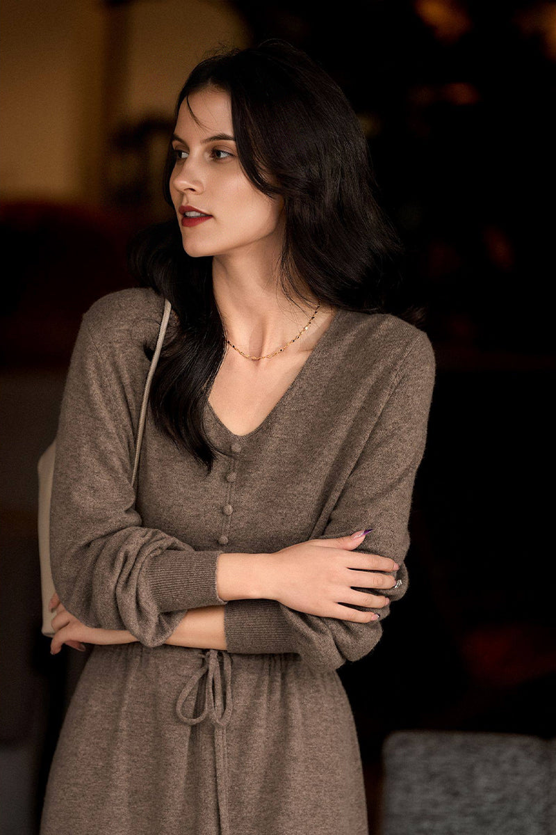 Italian-Spun Cashmere-Wool V-Neck Long Sleeve Midi Sweater Dress