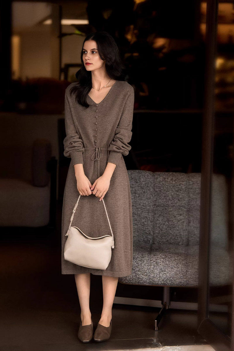 Italian-Spun Cashmere-Wool V-Neck Long Sleeve Midi Sweater Dress