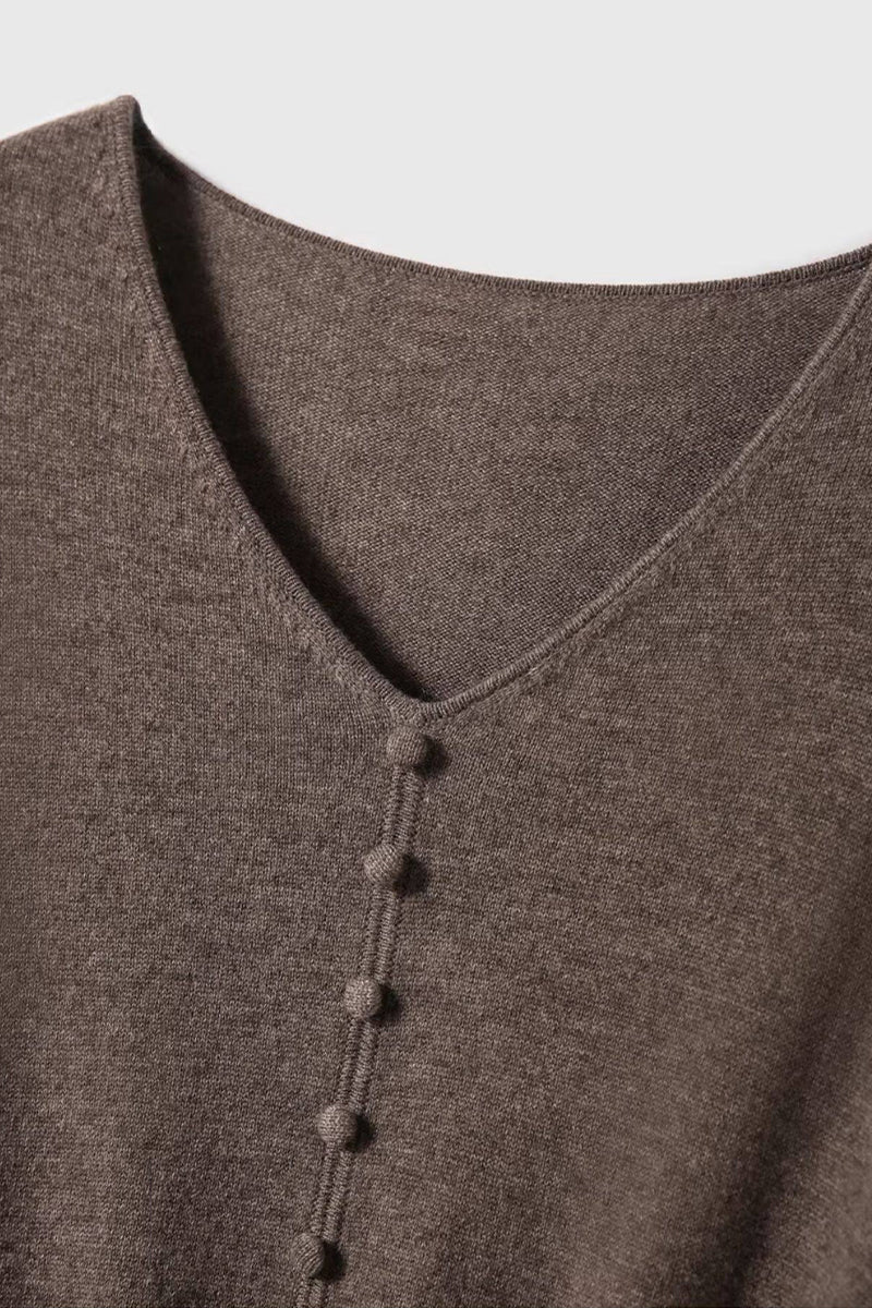 Italian-Spun Cashmere-Wool V-Neck Long Sleeve Midi Sweater Dress