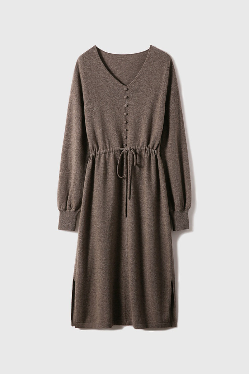 Italian-Spun Cashmere-Wool V-Neck Long Sleeve Midi Sweater Dress