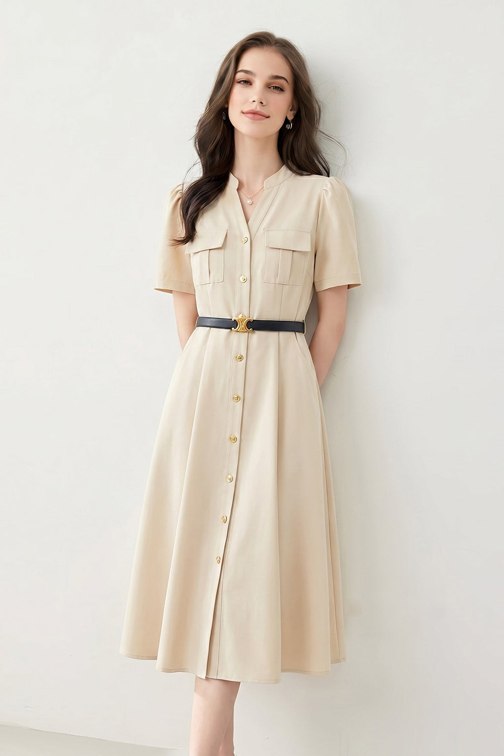 Ivory Cargo Square-Neck Belted Midi Dress