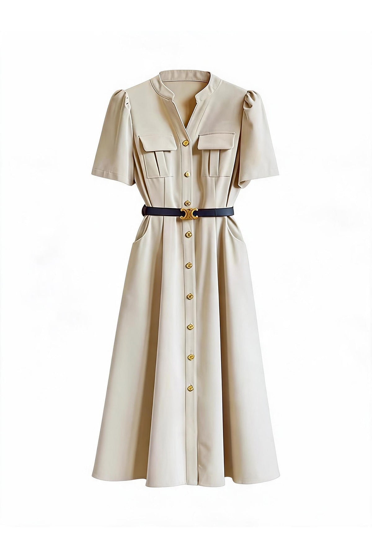 Ivory Cargo Square-Neck Belted Midi Dress