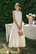 Ivory Embroidered Halter-Neck Tiered Midi Dress with Lace Hem