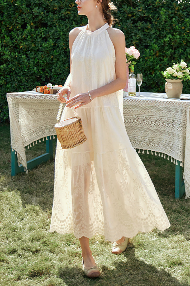 Ivory Embroidered Halter-Neck Tiered Midi Dress with Lace Hem