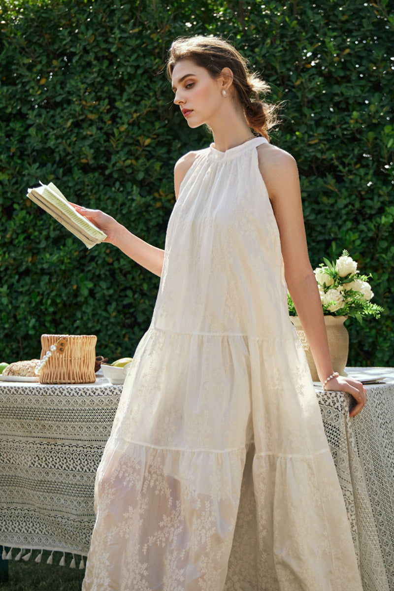 Ivory Embroidered Halter-Neck Tiered Midi Dress with Lace Hem