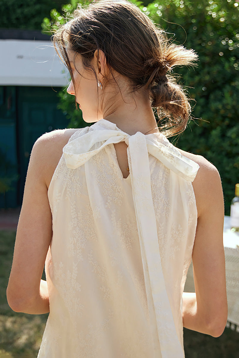 Ivory Embroidered Halter-Neck Tiered Midi Dress with Lace Hem