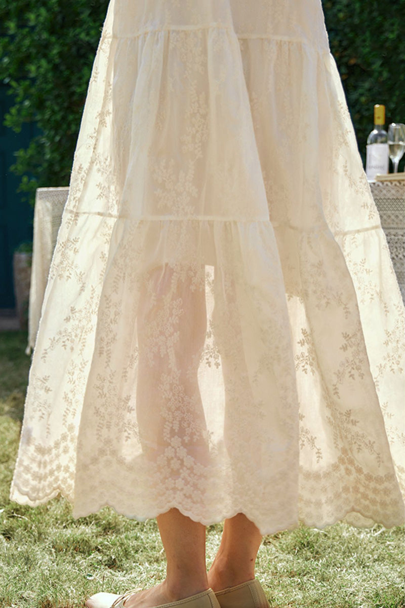 Ivory Embroidered Halter-Neck Tiered Midi Dress with Lace Hem