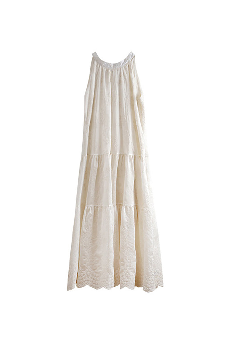Ivory Embroidered Halter-Neck Tiered Midi Dress with Lace Hem
