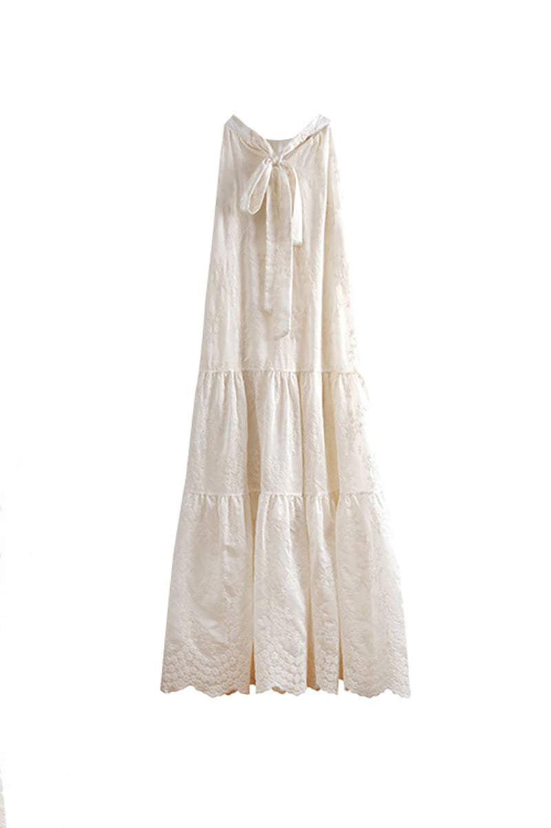 Ivory Embroidered Halter-Neck Tiered Midi Dress with Lace Hem