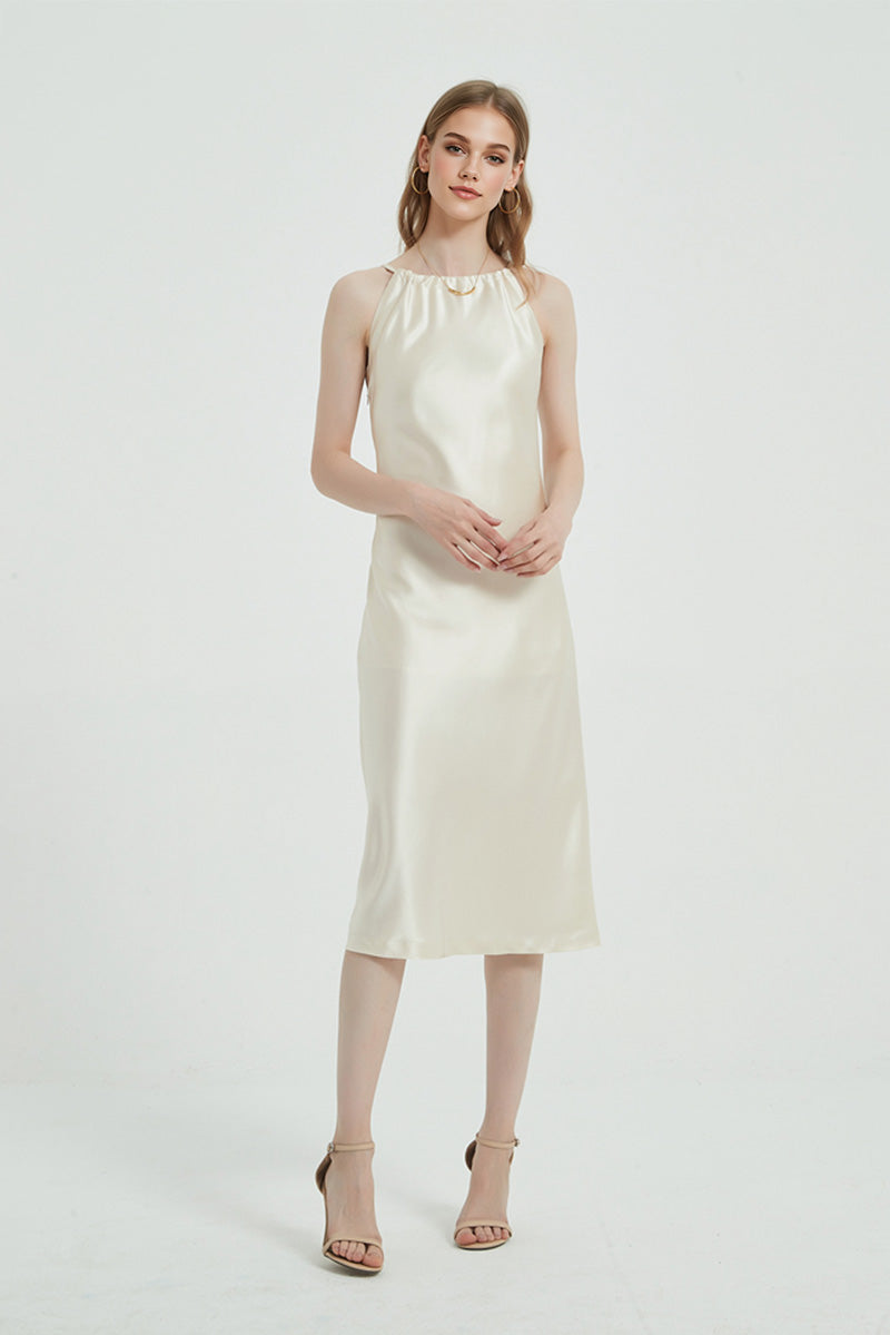 Ivory Halter-Neck Midi Slip Dress in Triacetate-Blend