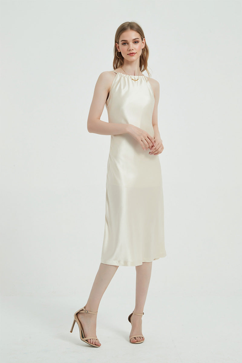 Ivory Halter-Neck Midi Slip Dress in Triacetate-Blend