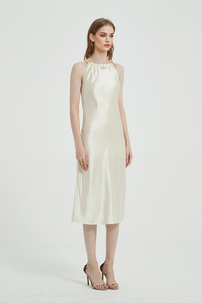 Ivory Halter-Neck Midi Slip Dress in Triacetate-Blend